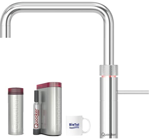 Quooker Wasserhahn Fusion Square verchromt glänzend & PRO3 Reservoire für kochendes Wasser Heißwasser & Cube für gekühltes sprudelndes Wasser Sprudelwasser mit BieTal® Keramiktasse 355 ml