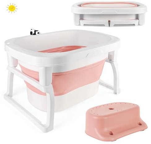XUANYU Faltbare Baby Badewanne mit Badewannensitz Größe M-72×51×42 cm Klappbar Baby Bathtub Reisebabywanne mit Ständer für Babys von 0-36 Monaten, ohne Integriertem Thermometer, Rosa