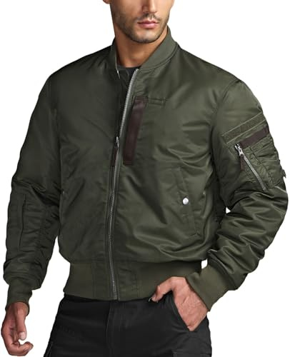 CQR Men's Casual Bomber Jacket, Outdoor Fall/Winter Zip-Up Windbreaker, Water Resistant Padded MA-1 Flight Jacket with Pocket, Navigator Army Green, Large
