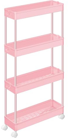 SONGMICS Carrello Portaoggetti a 4 Livelli, Carrello con Ruote, Carrello da Cucina Salvaspazio in Bagno Ufficio, 14,4 x 42 x 86 cm, Rosa Pastello KSC008R01