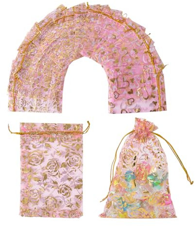 STARUBY Packung mit 100 Rosa Organzasäcken 10 x 15 cm 2 Arten von Druck Organzabeutel Geschenkbeutel Kordelzug Geschenkbeutel Mesh-Beutel für Hochzeit Party Hochzeit Schmuck Candy Bag