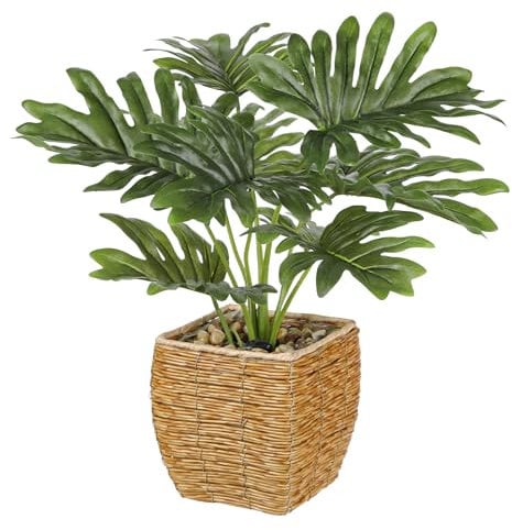 43CM Artificial Plants Rubber Plant Monstera in Woven Basket, Faux Plants Indoor Decorative Tropical Fake Plants Aesthetic Room Décor Plants for Bedroom Office Home Desk Decoration