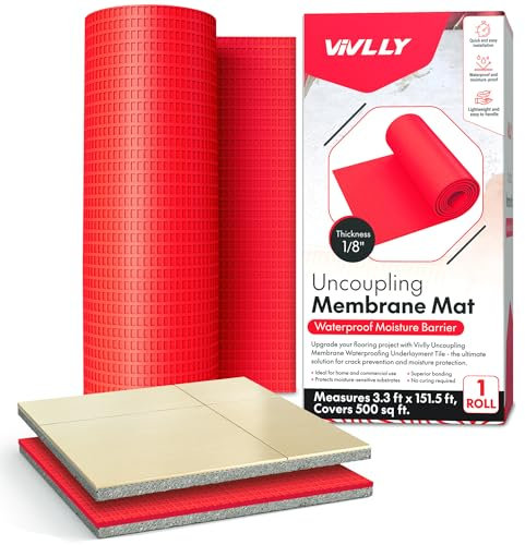 Vivlly 0,3 cm Entkopplungsmembran für Fliesen, Stein, Beton, Duschwände, Badezimmerböden, wasserdicht, bruchsichere Unterlage (1 m x 46 m, 500 m²) – Farben variieren die Temperatur.