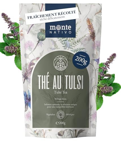 Té de Tulsi Monte Nativo (200 g) - Albahaca Sagrada 100% Pura y Natural - Aromático Ayurvédico de Hierbas y Frutas - Caliente o Helado - Hojas de Tulsi Sin Aditivos