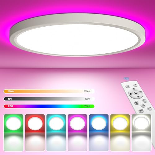 YiLaie 24W Deckenlampe LED Deckenleuchte Dimmbar mit Fernbedienung RGB Farbwechsel Deckenbeleuchtung 3000K-6500K 2700LM IP44 Wasserdicht Deckenlampe Wohnzimmer Deckenleuchte Schlafzimmer Ø30cm