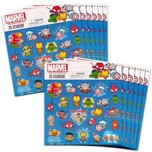 Marvel Partygeschenk-Set für Jungen und Mädchen, Aufkleber-Set mit 12 Kawaii-Avengers-Aufkleberbögen für Kindergeburtstag, Partytüten | Avengers Partyzubehör