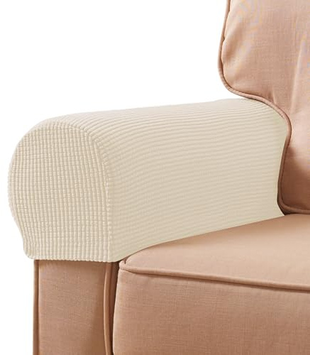 SUBRTEX Stretch Couch Arm Covers Set of 2, Checkered Sofa Arm Slipcovers, Anti-Slip Armrest Covers for Recliner and Armchairs, Pet Proof, High Stretchy, Hook & Loop Tape, Ivory