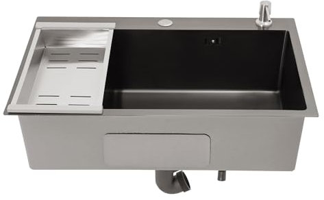 Fregadero de cocina de acero inoxidable, fregadero con dispensador de jabón, escurridor, fregadero de cocina sin grifo, 68 x 45 cm, lavabo con escurridor, dispensador de jabón, base - negro