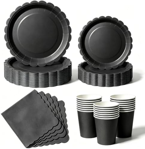 Nkaiso Paper Plates and Napkins, 50 Piece Black Scalloped Party Tableware Set - 10x 9 & 10x 7 Inch Disposable Paper Plates, 10x Cups, 20x Napkins for Birthday BBQ Anniversary -10 Guests
