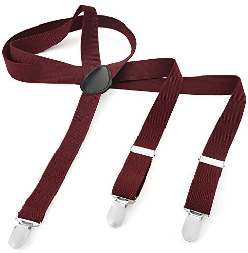Herren Damen Long Hosenträger Y Form Style 3er Clips elastisch Schmal Unifarbe und Bunt mit verschiedenen Motiv, Rot (Weinrot),Gr. One Size