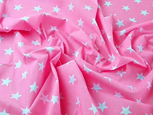 Polycotton-Stoff mit weißen Sternen Qualität 1 m | hell rosa/Neon Pink * * FREE UK Post * * 25 mm Sterne Japanische QKT 4000 Poly Baumwolle Material Farbe Rosa Farbe Schneidern Shirts Kleidung Basteln
