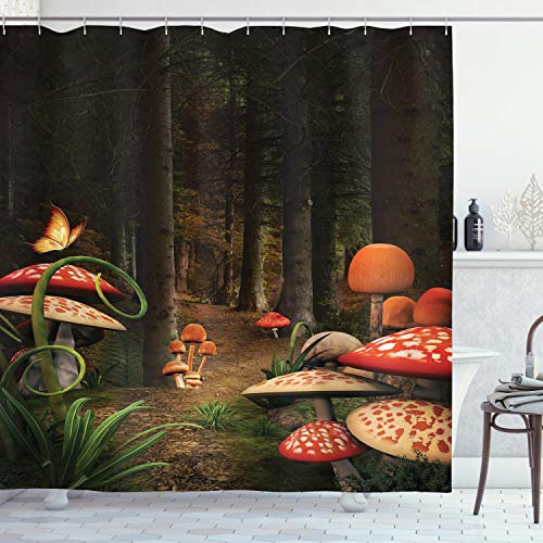 ABAKUHAUS Natur Duschvorhang, Pilze Dunkler Wald, mit 12 Ringe Set Stielvoll Modern, 175x200 cm, Rot Grün Braun
