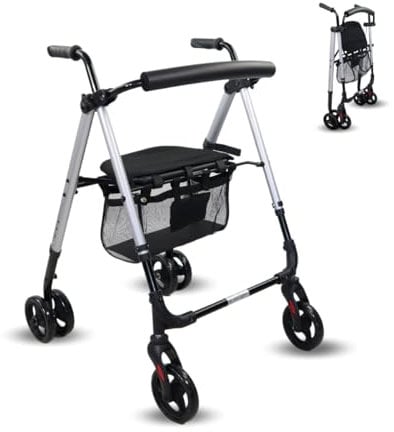 Mobiclinic®, Déambulateur 4 Roues Leger, Pliable, Augusto, Léger, Pieds et Siège Réglables, Porte-poteau, Panier, Réglable, Aluminium, Bleu