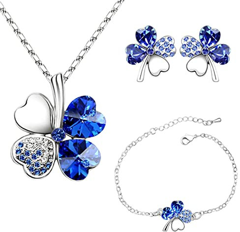 Kleeblatt Kette Silber Ohrringe Vier Kleeblatt Armbänder verstellbare Anhänger Kette Set Pfirsich Herz Strass Kristall Inlayed Schmuck für Mädchen Frauen (blau)