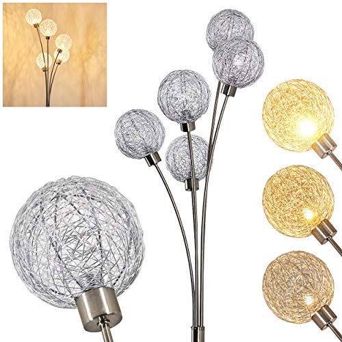 Stehlampe Bernado stufenlos dimmbar, Stehleuchte Nickel-matt/Silberfarben, 5-flammig, G9, mit 5 Drahtkugeln, Bogenlampe für Wohnzimmer, Schlafzimmer, Flur, mit Fußschalter am Kabel, ohne Leuchtmittel