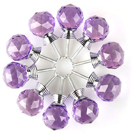 BNYZWOT Round Shape Crystal Glass 30mm Kitchen Cabinet Door Drawer Knob Cupboard Dresser Wardrobe Pull Handle with Screws, 10Pcs Purple