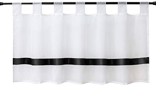 HeichkelL fein gewebte Scheibengardine Voile Transparenter Kurzstore Bistrogardine mit Satinband Schlaufen Küche Vorhang Schwarz H*B 45 * 90cm