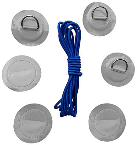 Inzopo 6X Kayak Stainless Steel D-Ring Patch Replacement + 5m Blue Bungee Cord for PVC Rib Inflatable Boat, Raft, SUP, Stand up Paddleboard Deck Rigging Kit Grey