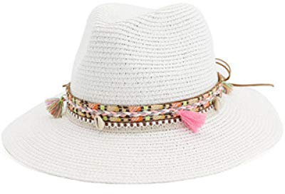Sonnenhut Strohhut Hut Damen Sonnenhüte Frauen Große Krempe Fester Gürtel Strohhut Lässig Fascinator Outdoor Strand Faltbare Frauenhüte -White_Adjustable