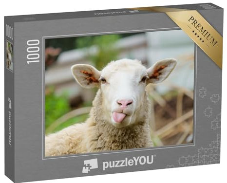 puzzleYOU: Puzzle 1000 Teile „Lustiges Schaf, Porträt eines Schafes mit Zunge aus dem Maul“ – aus der Puzzle-Kollektion Schafe & Lämmer