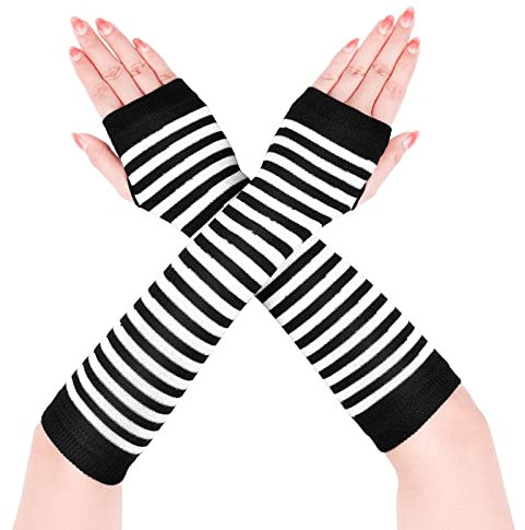 Lange Armwärmer Gestreift Fingerlose Handschuhe für Frauen (Schwarz und Weiß)