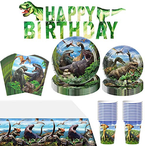 Amycute 82 PcsStoviglie per Feste di Compleanno Dinosauri, Set Piatti Festa Compleanno con Piatti Tema Dinosauri Tovaglia Bicchieri Tovaglioli per Festa Compleanno Bambino