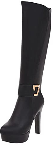 Stivali Alti Fino Al Ginocchio da Donna, Stivali da Vestito Tacco a Blocco Zip Punta Rotonda Boots Eleganti con Plateau, 23213Nkl Nero Numero 34 EU