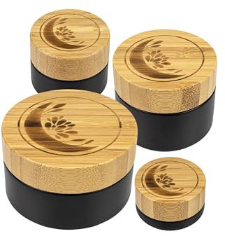 Wachsmann | Hochwertige Glastiegel mit Bambusdeckel | schwarz | Graviert | Für nachhaltige DIY-Naturkosmetik | Mit Geschenkverpackung | Reise Behälter für Salben & Lotionen | Set: 1 Tiegel pro Größe