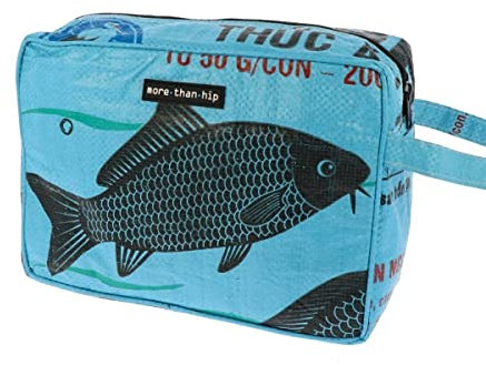 MoreThanHip Yindee Kulturtasche zum Aufhängen - Fisch Blau - Kulturbeutel Damen und Herren aus Recycelten Zementsäcke Kosmetiktasche Make Up Tasche Organizer Reisetasche - 27 x 19 x 11 cm