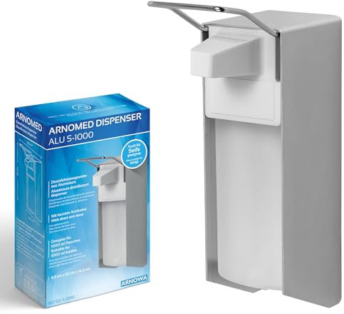 1x ARNOMED Desinfektionsspender Aluminium, Seifenspender für 1000ml, kurzer Armhebel, Seifenspender zur Wandbefestigung, Eurospender für Desinfektionsmittel, Soap Dispenser, Desinfektionsmittelspender