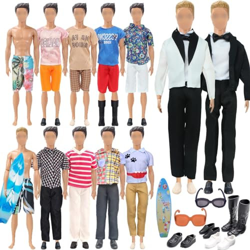 23 Pack of Clothes and Accessories Kompatibel mit Dolls, Kleidung und Zubehör, Jungen Puppen 1 Anzug 5 Freizeitbekleidung Kleidung 5 Hosen 2 Badehose 4 Paar Schuhe 1 Sonnenbrille 1 Paddle Board
