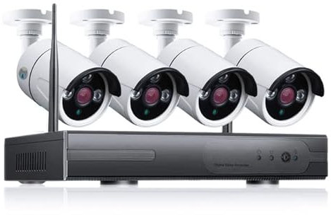 WiFi Kamera Set Van 4 Bullet IP-Kameras 2.0MP met NVR Draadloos bedient via APP in kan werken met spraakgestuurde apps.