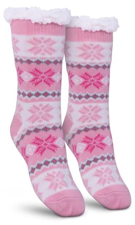 Bestlivings Stoppersocken Damen mit Teddyfutter Haussocken - Hüttensocken mit Anti-Rutsch-Sohle - ABS Norweger Socken Zopfmuster - Kuschelsocken Einheitsgröße (Pink (1 Paar))