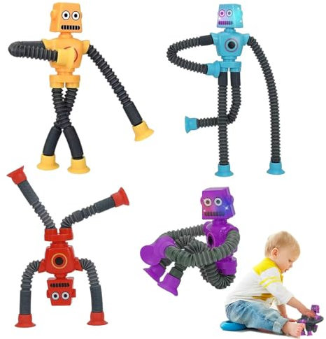 Bukezudang Teleskoproboter-Spielzeug - 4 Stück Transformierbare, Sensorische Roboter, Roboter Saugnapf Spielzeug für Kinder, Gastgeschenke Für Jungen Und Mädchen
