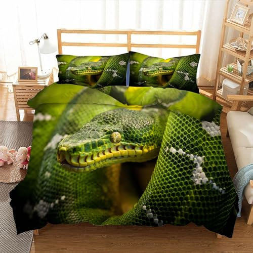 MLUNKQAIL Bettwäsche 135x200 Python Bettbezüge GrüNe Schlange Bettbezug Set 3 Teilig 3D Muster Mikrofaser Bettbezug mit Reißverschluss und 2 Kissenbezug 80x80cm