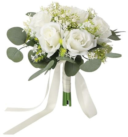 BestAlice Artificial Babys Breath Rose Flowers Wedding Bridal Bouquet, Fake Plants Eucalyptus Leaves Bouquet, White Gypsophila Bride Holding Flowers Eucalyptus Rose, Artificial Flower Arrangements