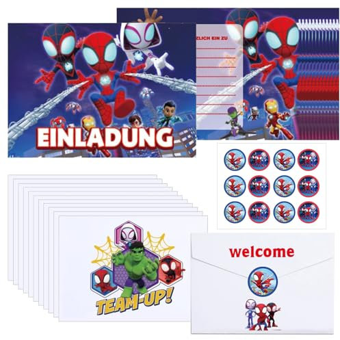 VIDSTW 12 Stück Einladungskarten Kindergeburtstag, mit 12 Umschlag, 12 Aufkleber, Partyeinladungen Cartoon-Charakter-Design, Einfach Auszufüllen, für Kindergeburtstage, Weihnachtsfeiern (Tippe B)