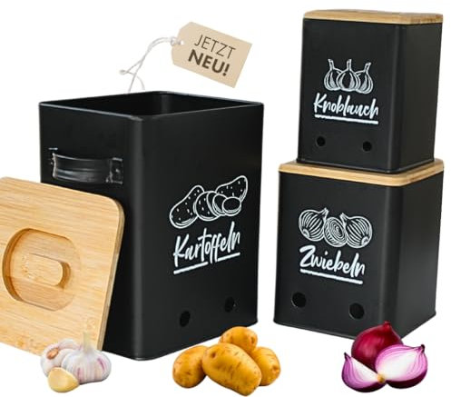 Lodgine® Kartoffel Aufbewahrungsbox [3er Set] - Ein echter Hingucker in deiner Küche! - Schaffe Ordnung mit diesem stylischen Vorratsdosen Set und begeistere Freunde und Familie... (Schwarz)
