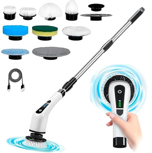 9 in 1 Electric Rotating Mop Heavy Duty Cleaning Cordless Cleaning Brush with Extender Handle Long Handle Ideal For Bathroom, Ceilings, Floors and Tiles Powerful Portable Mop 25W