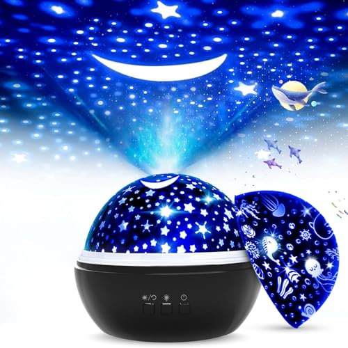 FISHOAKY Sternenhimmel Projektor Kinder, 360°Drehen Nachtlicht, 8 Farben Baby Star Projektionslampe, Projektion Films Nachtlicht Lampe für Baby, Weihnachtsgeschenke, Geburtstagsgeschenke (Schwarz)