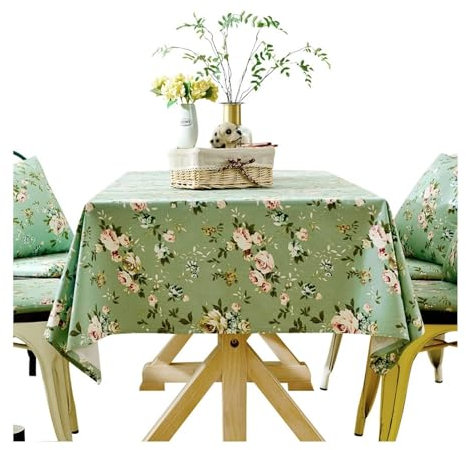 Tischdecken Abwaschbar Quadratisch, Tischtuch 90x90CM Outdoor Landhausstil Bedruckt mit Blumen Motiv Tafeldecken Tischdecke für Draußen Wetterfest Grün