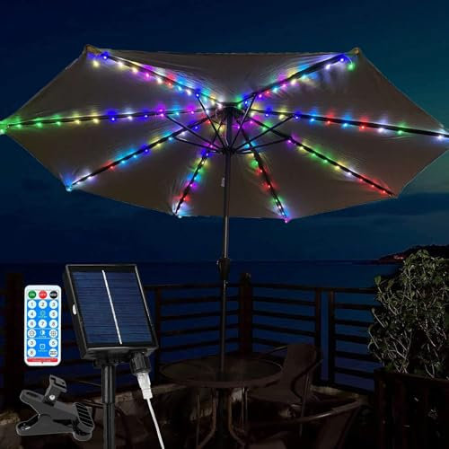 DINOWIN Solar Lichterkette für Sonnenschirm mit Fernbedienung Wasserdichte 104 LEDs 8 Modi Sonnenschirm Beleuchtung Dekoleuchte für Campingzelte Garten Strand Party (Vielfarbig)