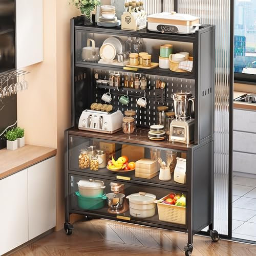 BOKNI Soporte para microondas con gabinete de Almacenamiento, Mesa de Bar de café de 5 Niveles, Estante para Panadero de Cocina con gabinete con Puerta abatible, Estante para microondas con Ruedas