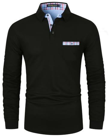 KUNJLELP Men's Premium Long Sleeve Polo Shirt Casual Cotton T-Shirt with Real Pocket,Black 37,L
