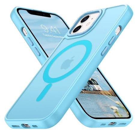 DUEDUE Cover Magnetica per iPhone 12/12 Pro 6.1[Compatibile con MagSafe], Custodia Opaca per iPhone 12 Pro/12 Case con Pulsante metallico Ultra-Sottile TPU Silicone Anti-Scivolo, Azzurro