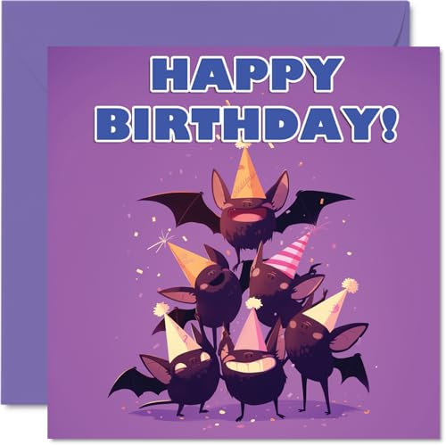 Fledermaus-Geburtstagskarten für Sie und Ihn, Partytier-Pyramide, Happy Birthday Karte für Mutter, Vater, Bruder, Schwester, Tante, Onkel, Cousin, Freund, Familie, Kollegen, 145 x 145 mm