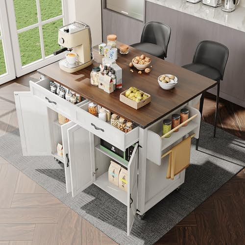Rtopsu Isola Della Cucina Allungabile, Tavolo da Cucina Pieghevole con Cassetti Contenitore e Armadio, Moderno Tavolo Versatile con Ruote, Carrello da Pranzo per Soggiorno Sala da Pranzo, Beige A
