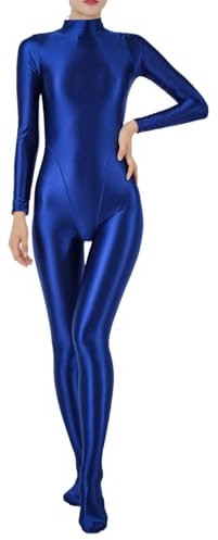 Fldy Damen Glänzend Jumpsuit Ganzkörperanzug Sport Bodysuit Yoga Overall Eng Einteiler Ganzkörper Kostüm Gymnastik Tanz Ballett Leotard Blau M