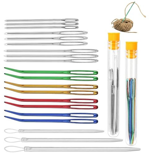 Juego de agujas de hilo, 20 unidades, punta curvada de colores con ojos grandes, juego de agujas de tejer, agujas de tejer de acero inoxidable, agujas de coser, agujas de tapiz para hilo, para tejer