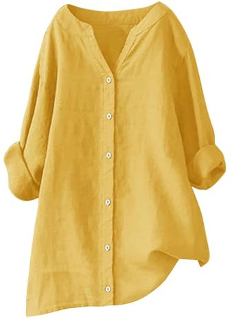 Summer Linen Tops Women Long Sleeve Button Down Blouses Cotton Linen Casual Oversized Tunic Tee Shirts Solid Cardigan Ladies Loose Baggy Cotton Top Lightweight Plus Size,00- Yellow,L